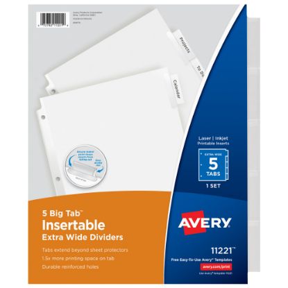 Picture of Avery Big Tab Extra-Wide Insertable Dividers, Clear Reinforced, White/Clear, 5-Tab