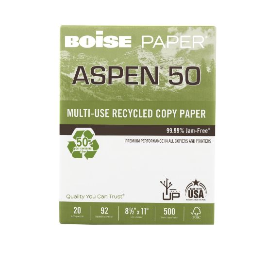 Picture of Boise ASPEN 50 Multi-Use Printer & Copy Paper, White, Letter (8.5in x 11in), 500 Sheets Per Ream, 20 Lb, 92 Brightness, 50% Recycled, FSC Certified