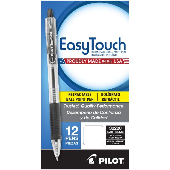 Picture of Pilot EasyTouch Retractable Ballpoint Pens, Medium Point, 1.0 mm, Clear Barrel, Black Ink, Pack Of 12