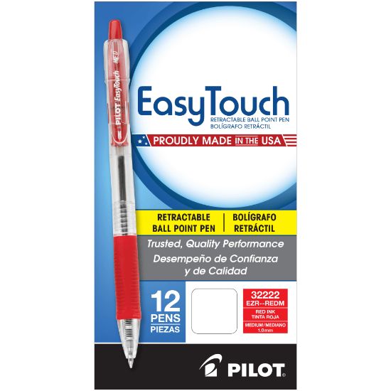 Picture of Pilot EasyTouch Retractable Ballpoint Pens, Medium Point, 1.0 mm, Clear Barrel, Red Ink, Pack Of 12