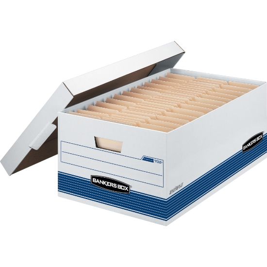 Picture of Bankers Box Stor/File FastFold Medium-Duty Storage Boxes With Locking Lift-Off Lids And Built-In Handles, Legal Size, 24D x 15in x 10in, White/Blue, 60% Recycled, Case Of 12