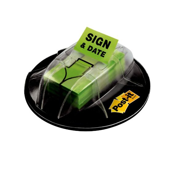 Picture of Post-it Message Flags in Desk Grip Dispenser, "Sign & Date", 1in x 1 -11/16in, Bright Green, 200 Flags