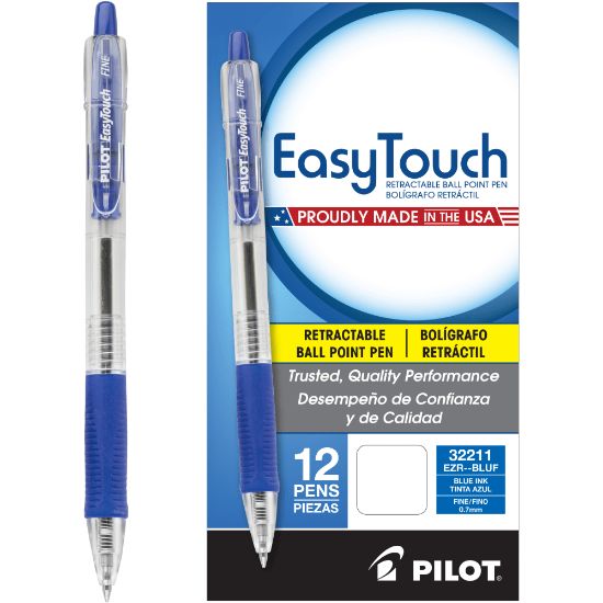 Picture of Pilot EasyTouch Retractable Ballpoint Pens, Fine Point, 0.7 mm, Clear Barrel, Blue Ink, Pack Of 12