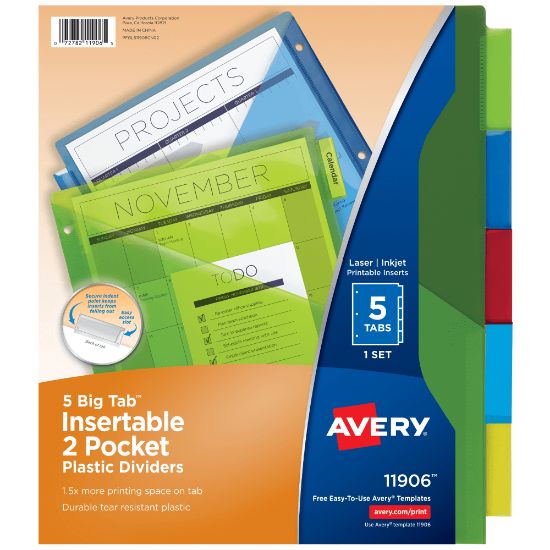 Picture of Avery Dividers for 3 Ring Binders, 5-Tab Binder Dividers, Two-Pocket Plastic Binder Dividers, Insertable Big Tab, Multicolor, 1 Set (11906)