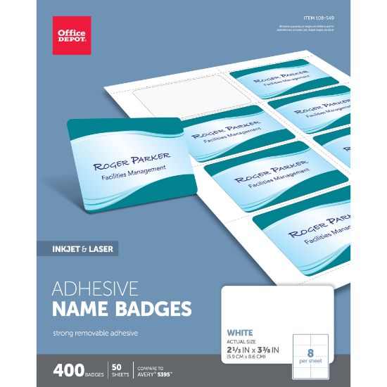 Picture of Office Depot Brand Adhesive Name Badges, 2-1/3in x 3-3/8in, White, Pack Of 400