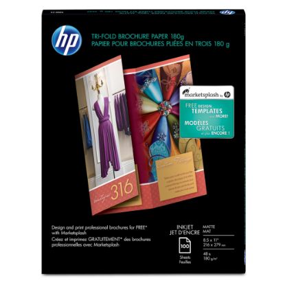 Picture of HP Tri-Fold Brochure Inkjet Paper, Matte, White, Letter Size (8 1/2in x 11in), Pack Of 100 Sheets, 48 Lb