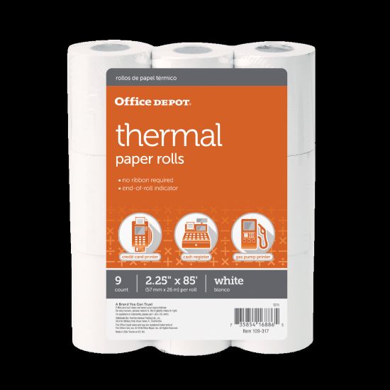 Picture of Office Depot Brand Thermal Paper Rolls, 2-1/4in x 85ft, White, Pack Of 9