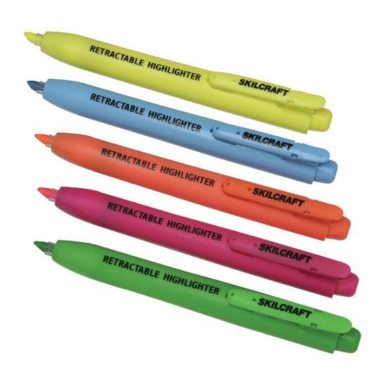 Picture of SKILCRAFT Retractable Chisel-Tip Highlighters, Pack Of 5 (AbilityOne 7520-01-554-8211)