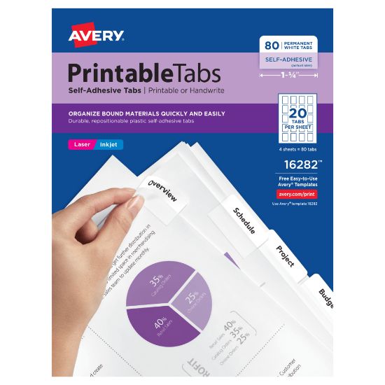 Picture of Avery Printable Self-Adhesive Tabs, White, Pack Of 80