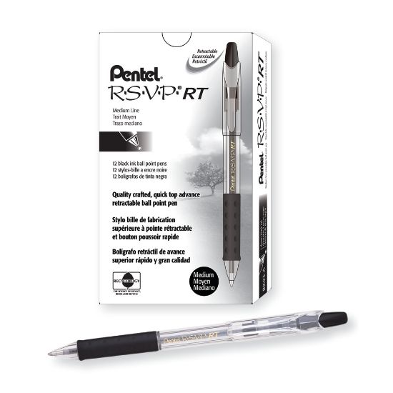 Picture of Pentel R.S.V.P. RT Retractable Ballpoint Pens, Medium Point, 1.0 mm, 61% Recycled, Transparent Black Barrel, Black Ink, Pack Of 12 Pens