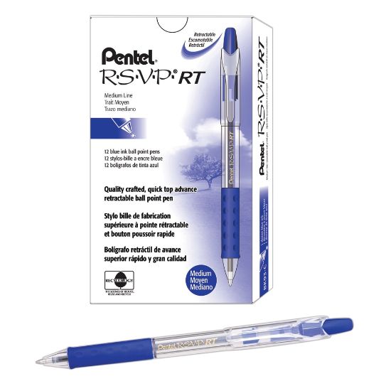 Picture of Pentel R.S.V.P. RT Retractable Ballpoint Pens, Medium Point, 1.0 mm, 61% Recycled, Transparent Blue Barrel, Blue Ink, Pack Of 12 Pens