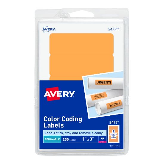 Picture of Avery Self-Adhesive Removable Print Or Write Color Coding Labels, 5477, Rectangle, 1in x 3in, Neon Orange, Pack Of 200