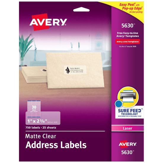 Picture of Avery Matte Address Labels With Sure Feed Technology, 5630, Rectangle, 1in x 2-5/8in, Clear, Pack Of 750