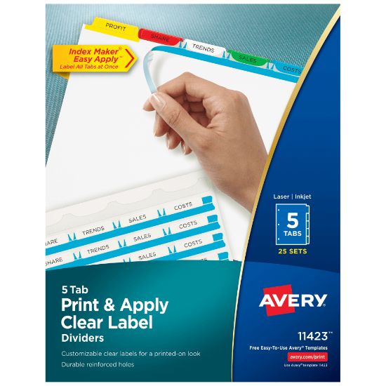 Picture of Avery Customizable Index Maker Dividers For 3 Ring Binder, Easy Print & Apply Clear Label Strip, 5 Tab, Multicolor, Box Of 25 Sets