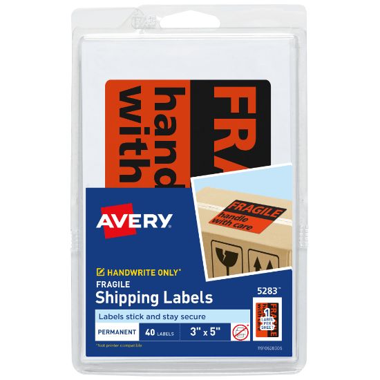 Picture of Avery Preprinted "Fragile Handle with Care" Shipping Label Stickers, 5283, 3in x 5in, Neon Red, Pack Of 40 Non-Printable Labels