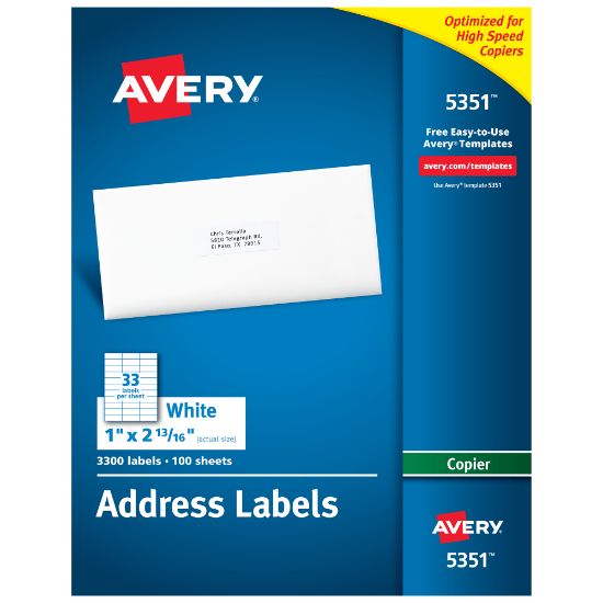 Picture of Avery Copier Permanent Address Labels, 5351, 1in x 2 13/16in, White, Pack Of 3,300