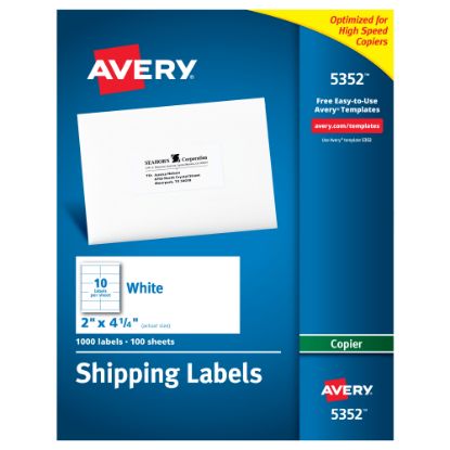 Picture of Avery Shipping Labels For Copiers, 5352, Rectangle, 2in x 4-1/4in, White, Pack Of 1,000