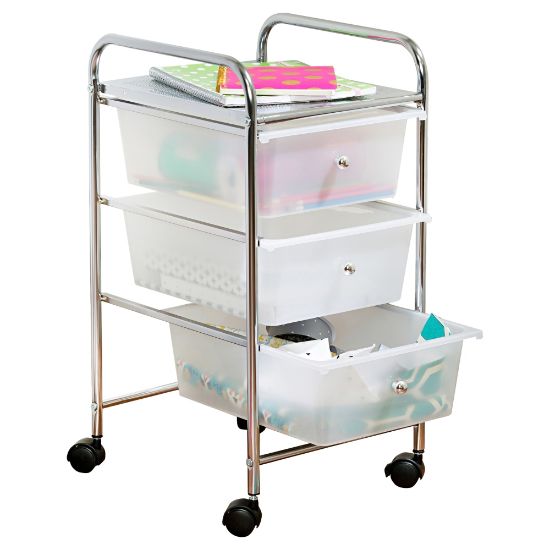 Picture of Honey-Can-Do Plastic/Steel 3-Drawer Rolling Storage Cart, 37 7/16in x 15 5/16in x 13in, White/Chrome