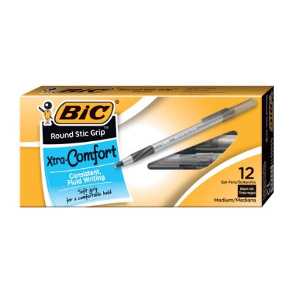 Picture of BIC Round Stic Grip Xtra Comfort Ballpoint Pens, Medium Point, 1.2 mm, Gray Barrel, Black Ink, Pack Of 12 Pens