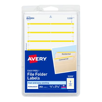 Picture of Avery File Folder Labels On 4in x 6in Sheet With Easy Peel, 5209, Rectanlge, 2/3in x 3-7/16in, White With Yellow Color Bar, Pack Of 252 Labels