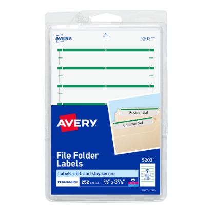 Picture of Avery File Folder Labels On 4in x 6in Sheet With Easy Peel, 5203, Rectangle, 2/3in x 3-7/16in, White With Green Color Bar, Pack Of 252 Labels