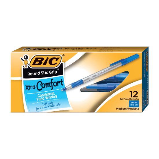 Picture of BIC Round Stic Grip Xtra Comfort Ballpoint Pens, Medium Point, 1.2 mm, Gray Barrel, Blue Ink, Pack Of 12 Pens