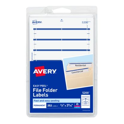 Picture of Avery File Folder Labels On 4in x 6in Sheet With Easy Peel, 5200, Rectangle, 2/3in x 3-7/16in, White With Blue Color Bar, Pack Of 252 Labels