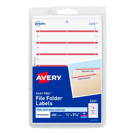 Picture of Avery File Folder Labels On 4in x 6in Sheet With Easy Peel, 5201, Rectangle, 2/3in x 3-7/16in, White With Red Color Bar, Pack Of 252 Labels