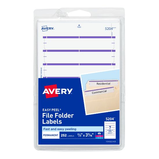 Picture of Avery File Folder Labels On 4in x 6in Sheet With Easy Peel, 5204, Rectangle, 2/3in x 3-7/16in, White With Purple Color Bar, Pack Of 252 Labels