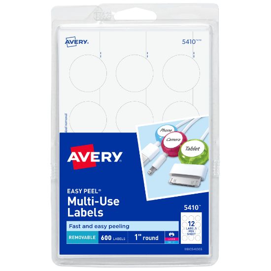 Picture of Avery Removable Multipurpose Labels, 5410, Round, 1in Diameter, White, Pack Of 600