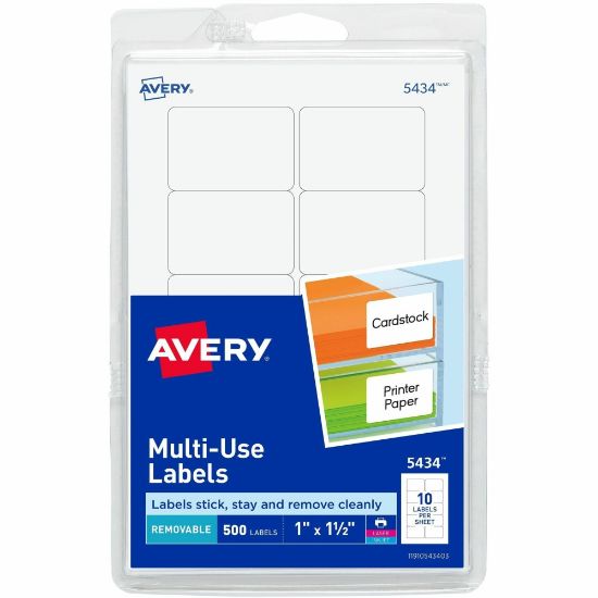 Picture of Avery Removable Labels, 5434, Rectangle, 1in x 1-1/2in, White, Pack Of 500