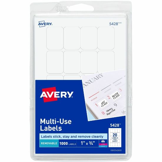 Picture of Avery Removable Inkjet/Laser Multipurpose Labels, 5428, 3/4in x 1in, White, Pack Of 1,000