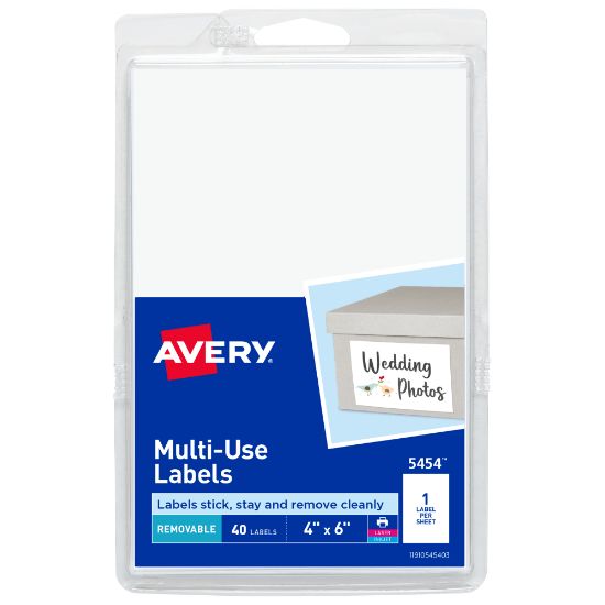 Picture of Avery Removable Labels, 5454, Rectangle, 4in x 6in, White, Pack Of 40