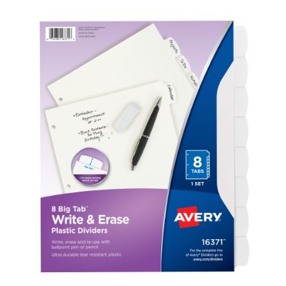 Picture of Avery Durable Write-On Plastic Dividers With Erasable Tabs, 8 1/2in x 11in, White, 8 Tabs