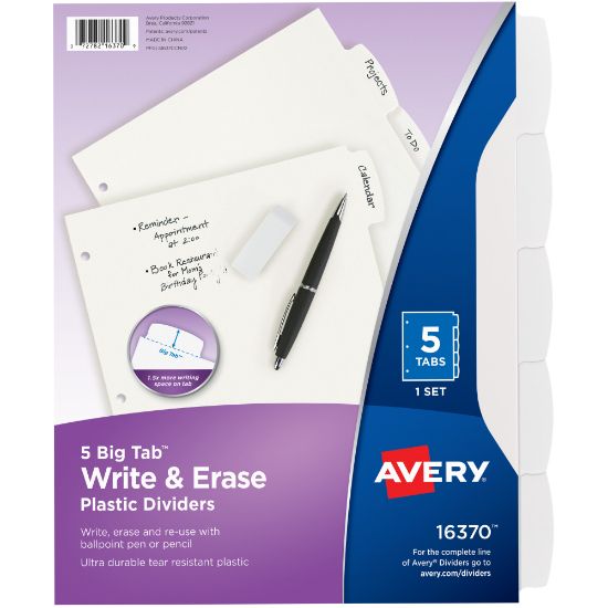 Picture of Avery Durable Write-On Plastic Dividers With Erasable Tabs, 8 1/2in x 11in, White, 5 Tabs