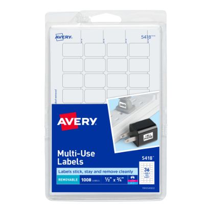 Picture of Avery Removable Labels, 5418, Rectangle, 1/2in x 3/4in, White, Pack Of 1,008