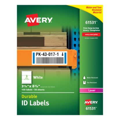 Picture of Avery Permanent Durable ID Labels With TrueBlock, 61531, Rectangle, 3-1/4in x 8-3/8in, White, Pack Of 150