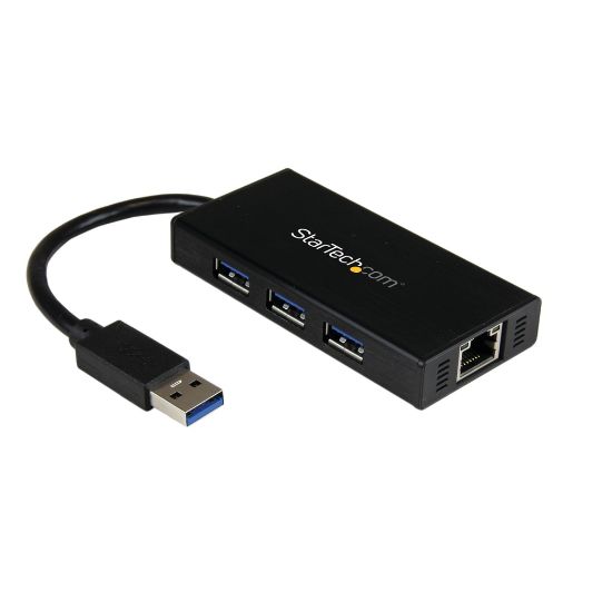 Picture of StarTech.com 3 Port Portable USB 3.0 Hub with Gigabit Ethernet Adapter NIC - Aluminum w/ Cable - Add 3 external USB 3.0 ports w/ UASP and a Gb Ethernet port to your laptop through one USB 3.0 port - 3 Port Portable USB 3.0 Hub w/ Gb Ethernet Adapter NIC