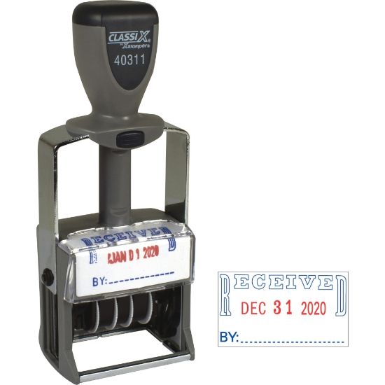 Picture of Xstamper Heavy-duty RECEIVED Self-Ink Dater - Message/Date Stamp - "RECEIVED" - Red, Blue - Metal, Plastic Metal - 1 Each