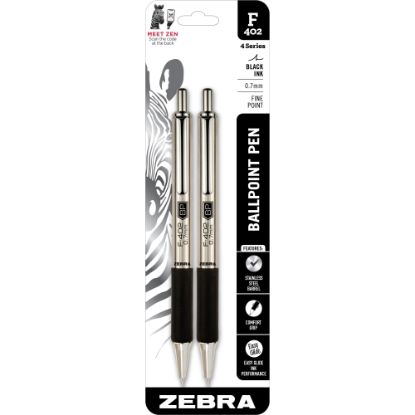 Picture of Zebra Pen F-402 Stainless Steel Retractable Ballpoint Pens, Pack Of 2, Fine Point, 0.7 mm, Silver Barrel, Black Ink