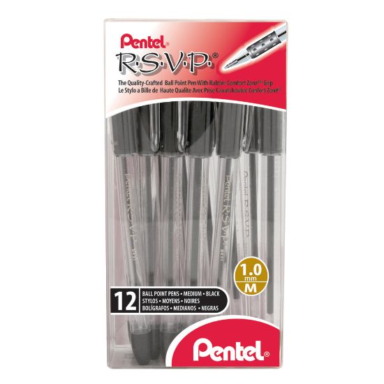 Picture of Pentel R.S.V.P. Ballpoint Pens, Medium Point, 1.0 mm, Clear Barrel, Black Ink, Pack Of 12