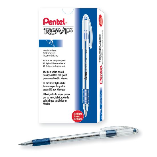 Picture of Pentel R.S.V.P. Ballpoint Pens, Medium Point, 1.0 mm, Clear Barrel, Blue Ink, Pack Of 12