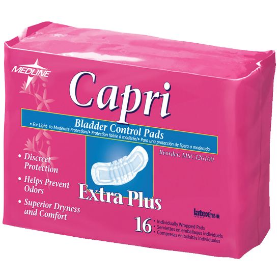 Picture of Capri Bladder Control Pads, Extra Plus, 3in x 10 1/2in, White, 16 Pads Per Bag, Case Of 9 Bags