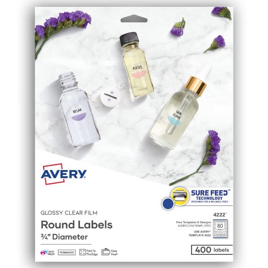 Picture of Avery Glossy Clear Print-to-the-Edge Easy Peel Labels With Sure Feed Technology, 4222, Round, 3/4in Diameter, Clear, Pack Of 400