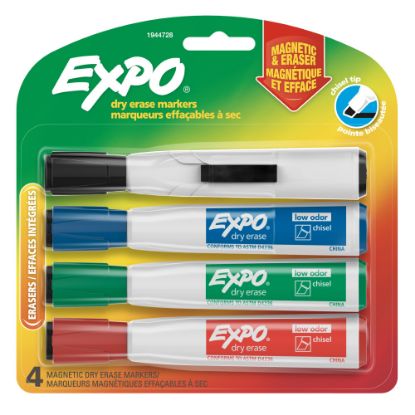 Picture of EXPO Magnetic Dry Erase Markers With Eraser, Chisel Tip, Assorted Ink Colors, Pack Of 4