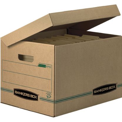 Picture of Bankers Box Systematic Standard-Duty Storage Boxes With Attached Lids And Built-In Handles, Letter/Legal Size, 10in x 12in x 15in, 100% Recycled, Kraft/Green, Case Of 12