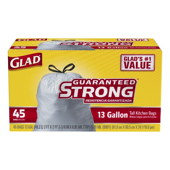 Picture of Glad Kitchen Tall 0.9-Mil Drawstring Bags, 13 Gallons, White, 45 Bags Per Box, Case Of 6 Boxes