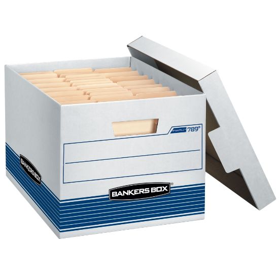 Picture of Bankers Box Stor/File Medium-Duty Storage Boxes With Locking Lift-Off Lids And Built-In Handles, Letter/Legal Size, 15in x 12in x 10in, 60% Recycled, White/Blue, Case Of 12