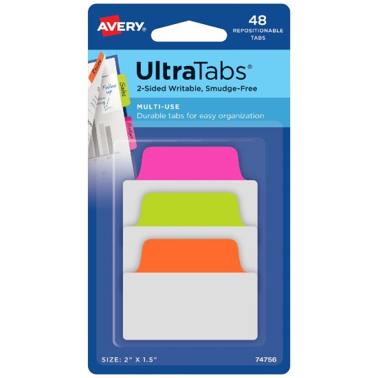 Picture of Avery Multiuse Ultra Tabs, 2-Side Writable, 2in x 1.5in, Neon Pink/Green/Orange, Pack Of 48 Repositionable Tabs