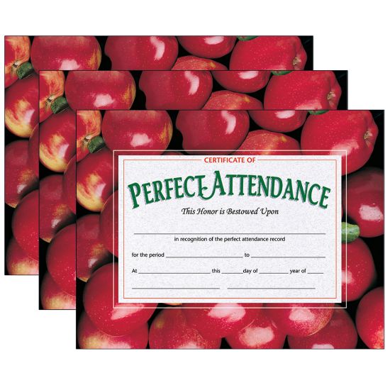 Picture of Hayes Certificates, 8-1/2in x 11in, Perfect Attendance, Apples, 30 Certificates Per Pack, Set Of 3 Packs